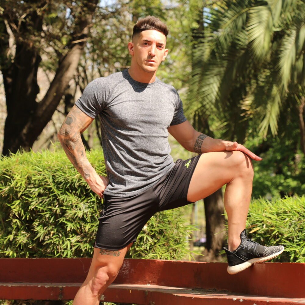 Remera algodon running urban gym sport. Jaspeada. Crossray / Short negro, logo verde flúor, con cierre, Crossray