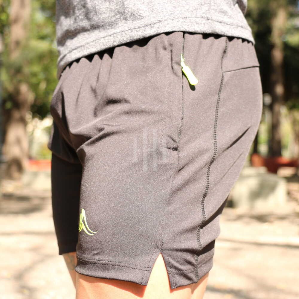 Short negro, logo verde flúor, con cierre, Crossray