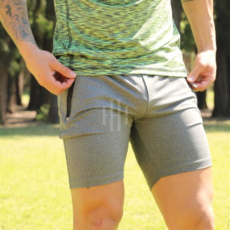 Remera deportiva touch Jaspeada Verde Fishbone / Short Dryfit Juvenil Gris Fishbone