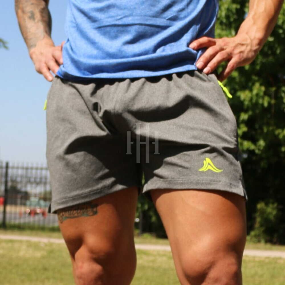 Remera algodon running urban gym sport / Short Air zuplex, gris, logo amarillo, con cierre