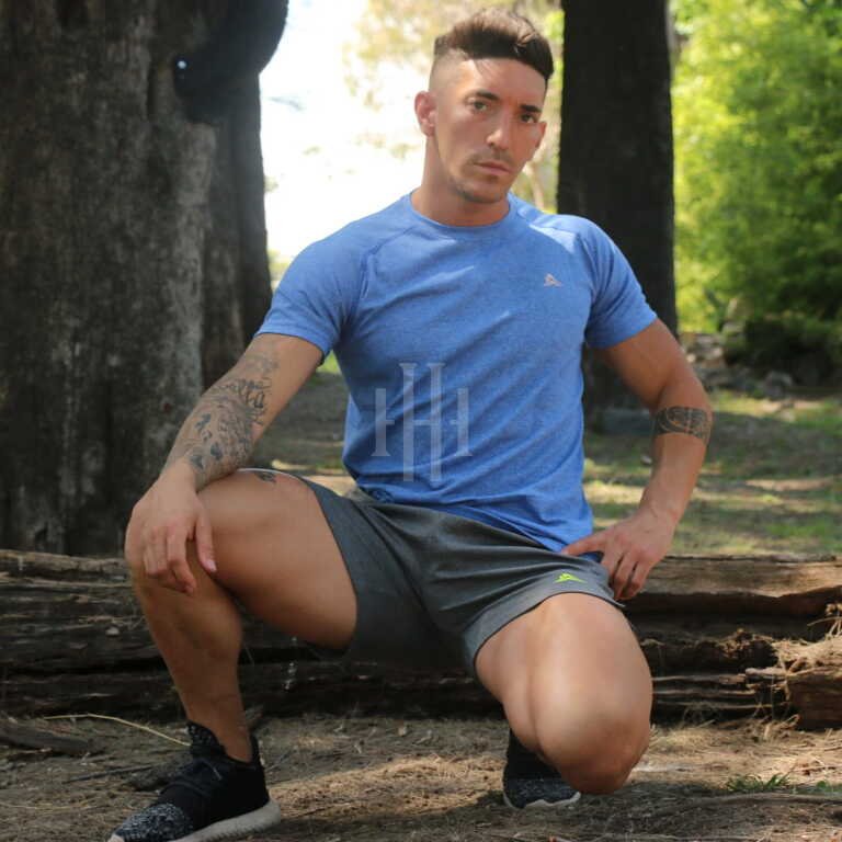 Remera algodon running urban gym sport / Short Air zuplex, gris, logo amarillo, con cierre