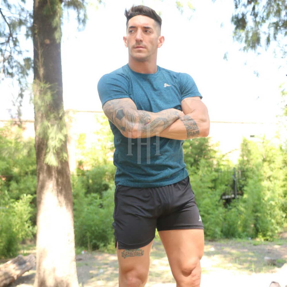 Remera algodon running urban gym sport PETROLEO / Short negro, logo blanco, con cierre CROSSRAY